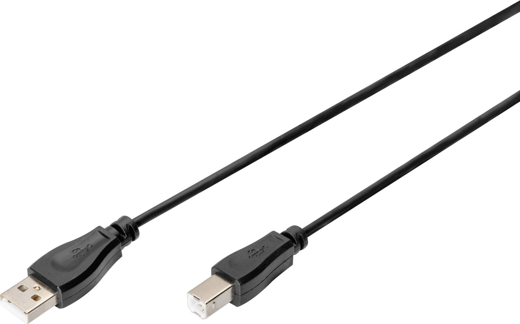 USB-A- auf USB-B-Kabel, schwarze Kunststoffummantelung, verwendet zum Verbinden von Geräten wie Druckern mit Computern.