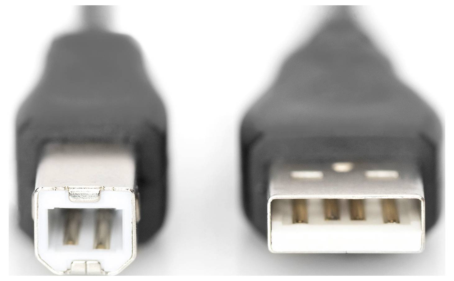 Zwei USB-Stecker: links ein quadratischer USB-B-Stecker, rechts ein rechteckiger USB-A-Stecker, beide mit schwarzen Kabeln.