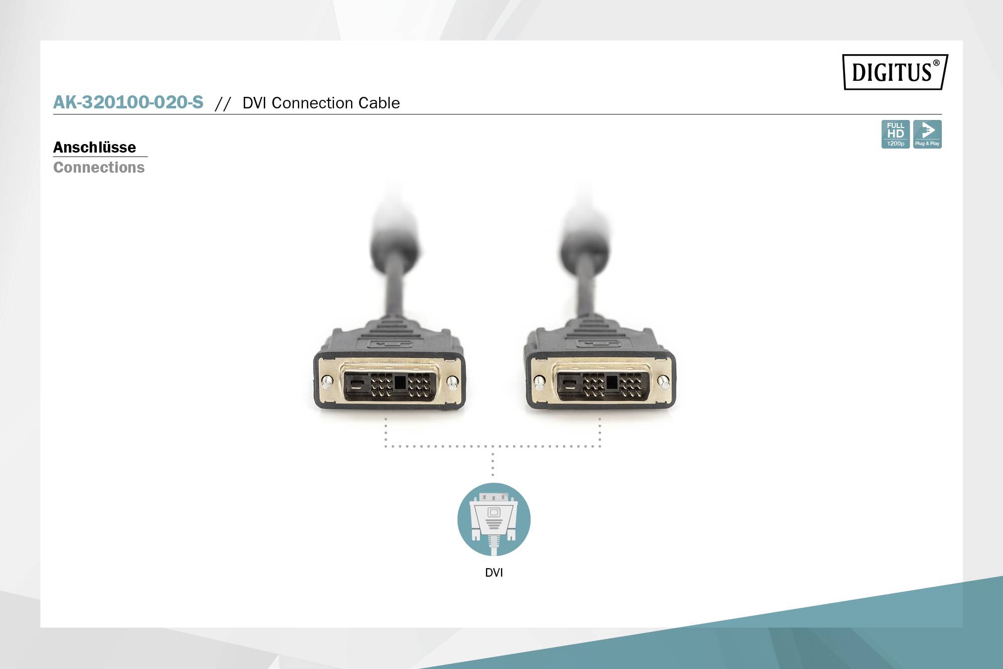 Digitus DVI Anschlusskabel DVI-D 18+1pol. Stecker, DVI-D 18+1pol. Stecker 2.00 m Schwarz AK-320100-020-S schraubbar, mit Ferritkern DVI-Kabel