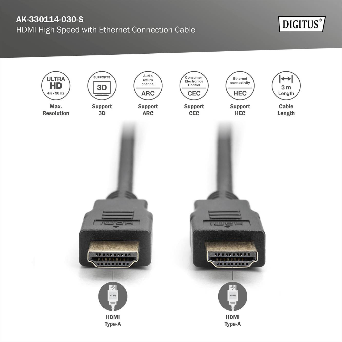 Digitus HDMI Anschlusskabel HDMI-A Stecker, HDMI-A Stecker 3.00m Schwarz AK-330114-030-S 4K UHD, vergoldete Steckkontakte