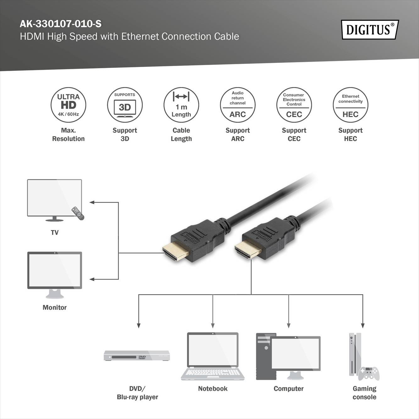 Digitus HDMI Anschlusskabel HDMI-A Stecker, HDMI-A Stecker 1.00m Schwarz AK-330107-010-S 4K UHD, Audio Return Channel, vergoldete