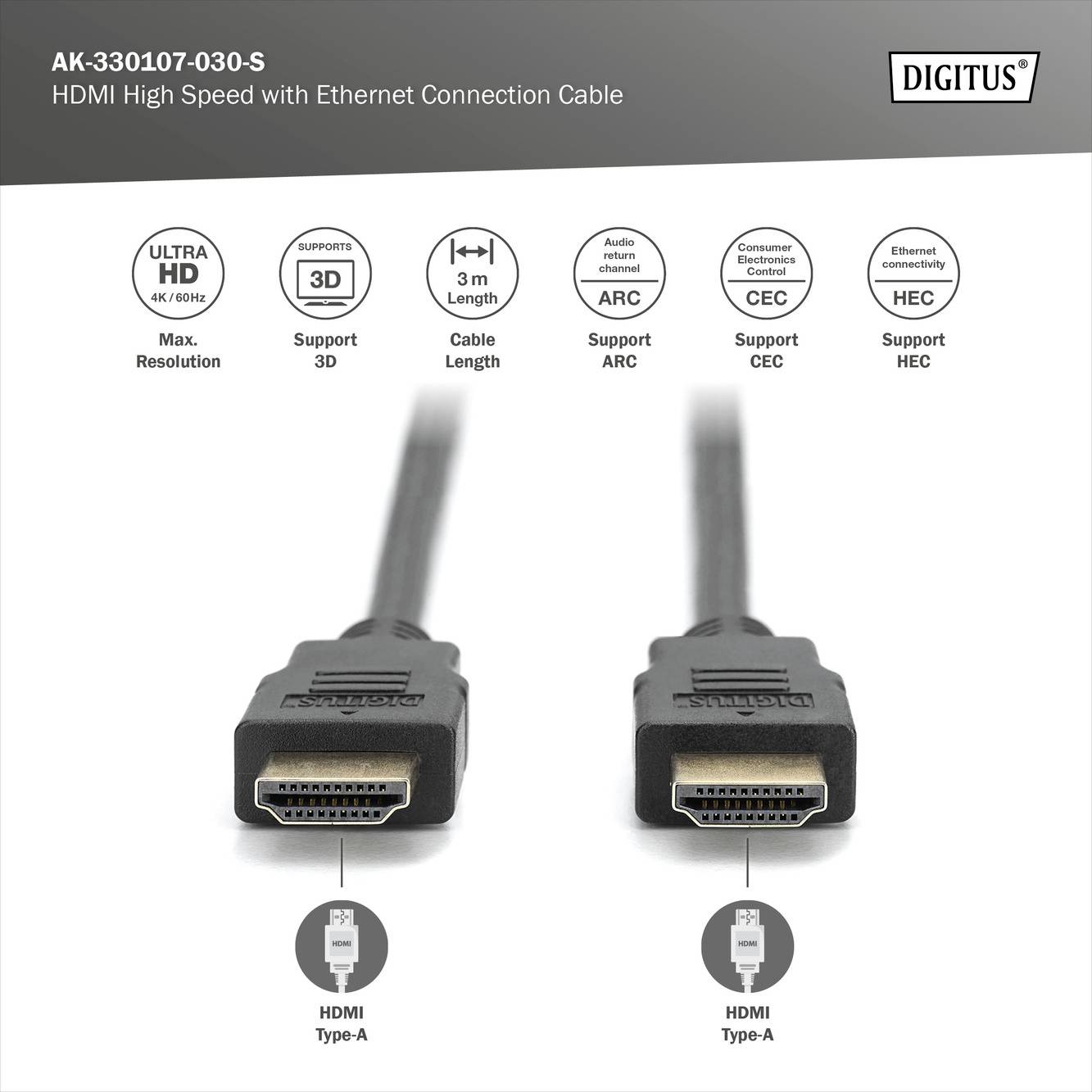 Zwei HDMI-Kabel, Typ A, 3 m lang. Eigenschaften: 4K UHD, 3D-Unterstützung, Audio-Rückkanal, Ethernet, CEC, HEC. Marke: Digitus.