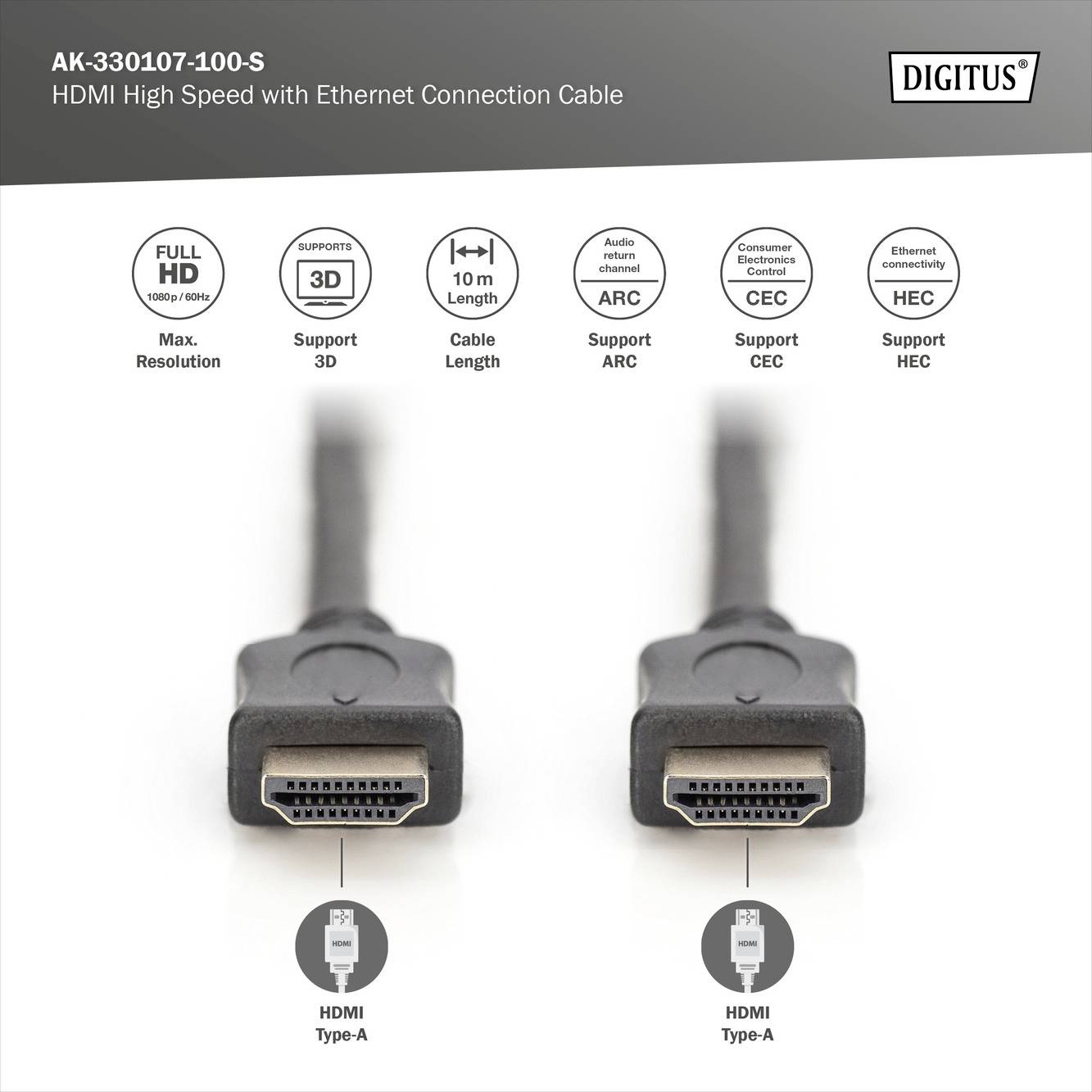 Digitus HDMI Anschlusskabel HDMI-A Stecker, HDMI-A Stecker 10.00m Schwarz AK-330107-100-S Audio Return Channel, vergoldete