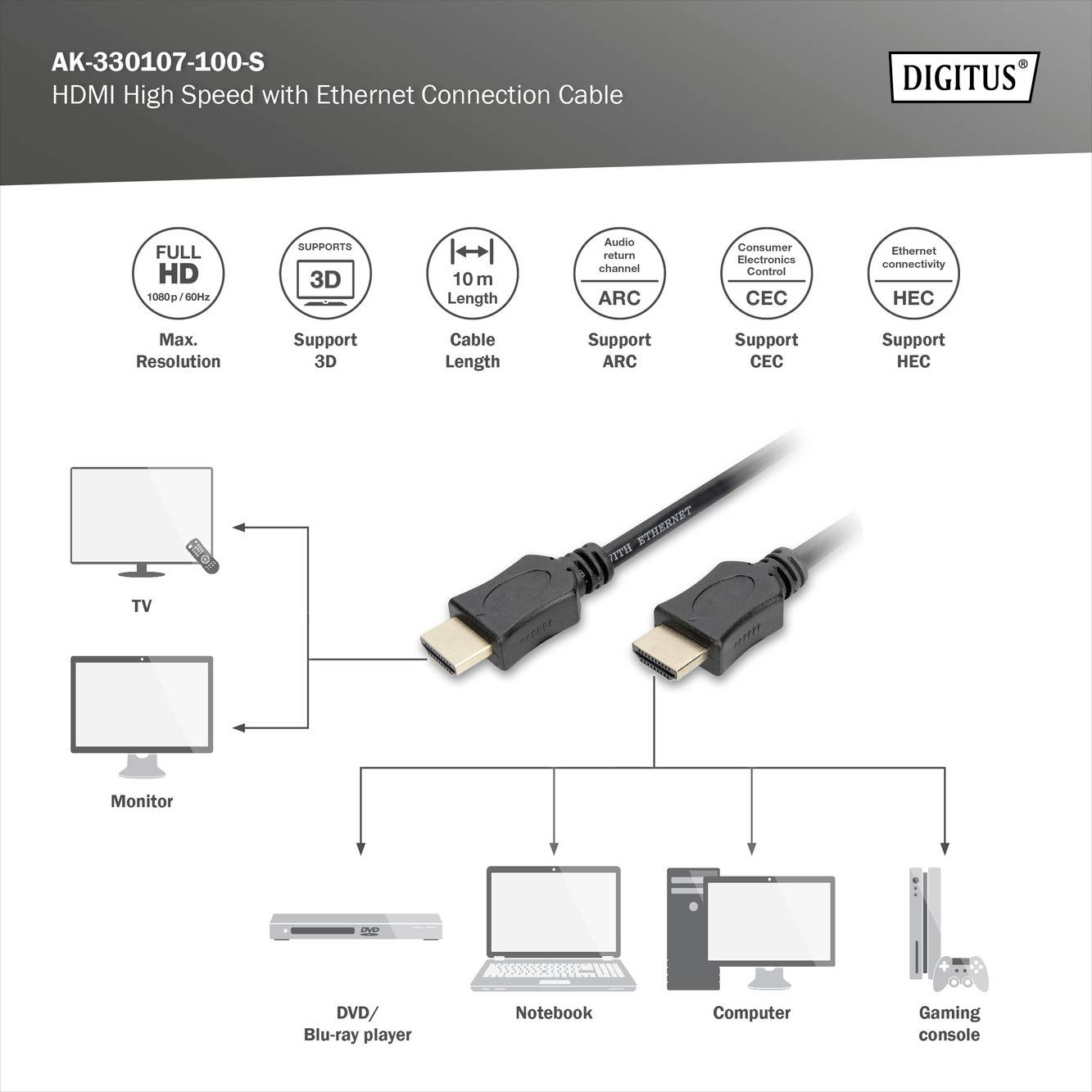 Digitus HDMI Anschlusskabel HDMI-A Stecker, HDMI-A Stecker 10.00m Schwarz AK-330107-100-S Audio Return Channel, vergoldete