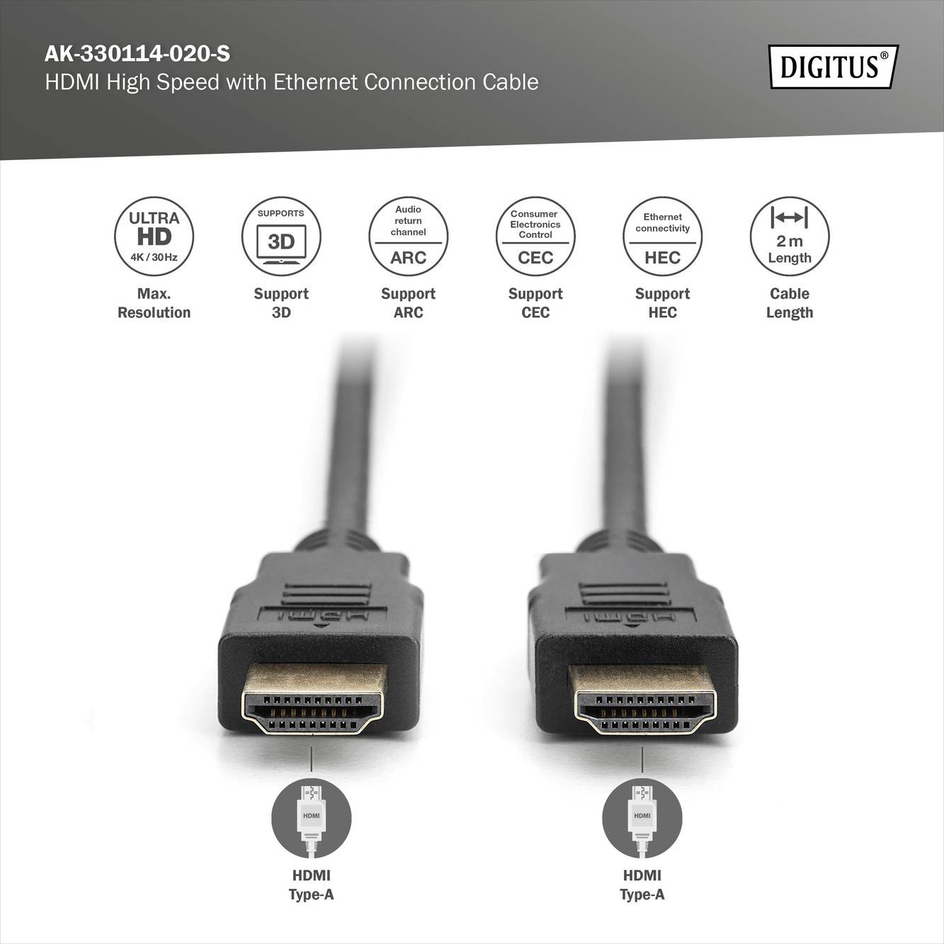 Digitus HDMI Anschlusskabel HDMI-A Stecker, HDMI-A Stecker 2.00m Schwarz AK-330114-020-S 4K UHD, vergoldete Steckkontakte