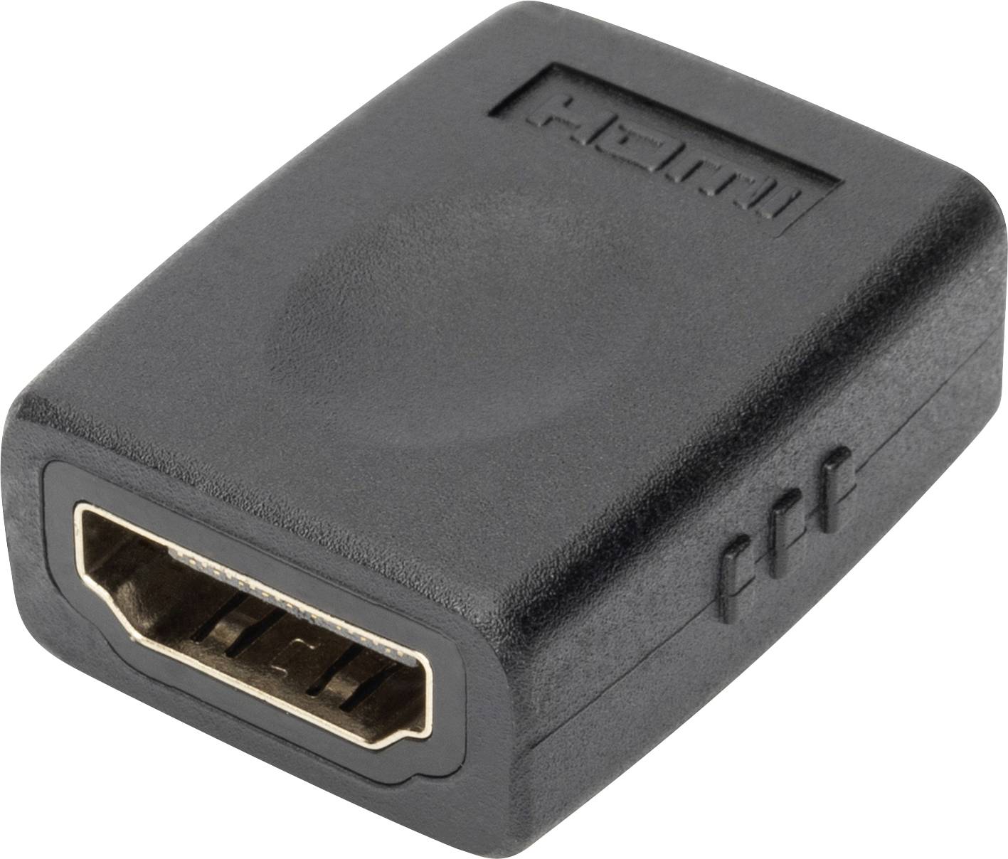 Ein schwarzer HDMI-Adapter mit weiblichen Anschlüssen auf beiden Seiten, der zur Verbindung von zwei HDMI-Kabeln dient.