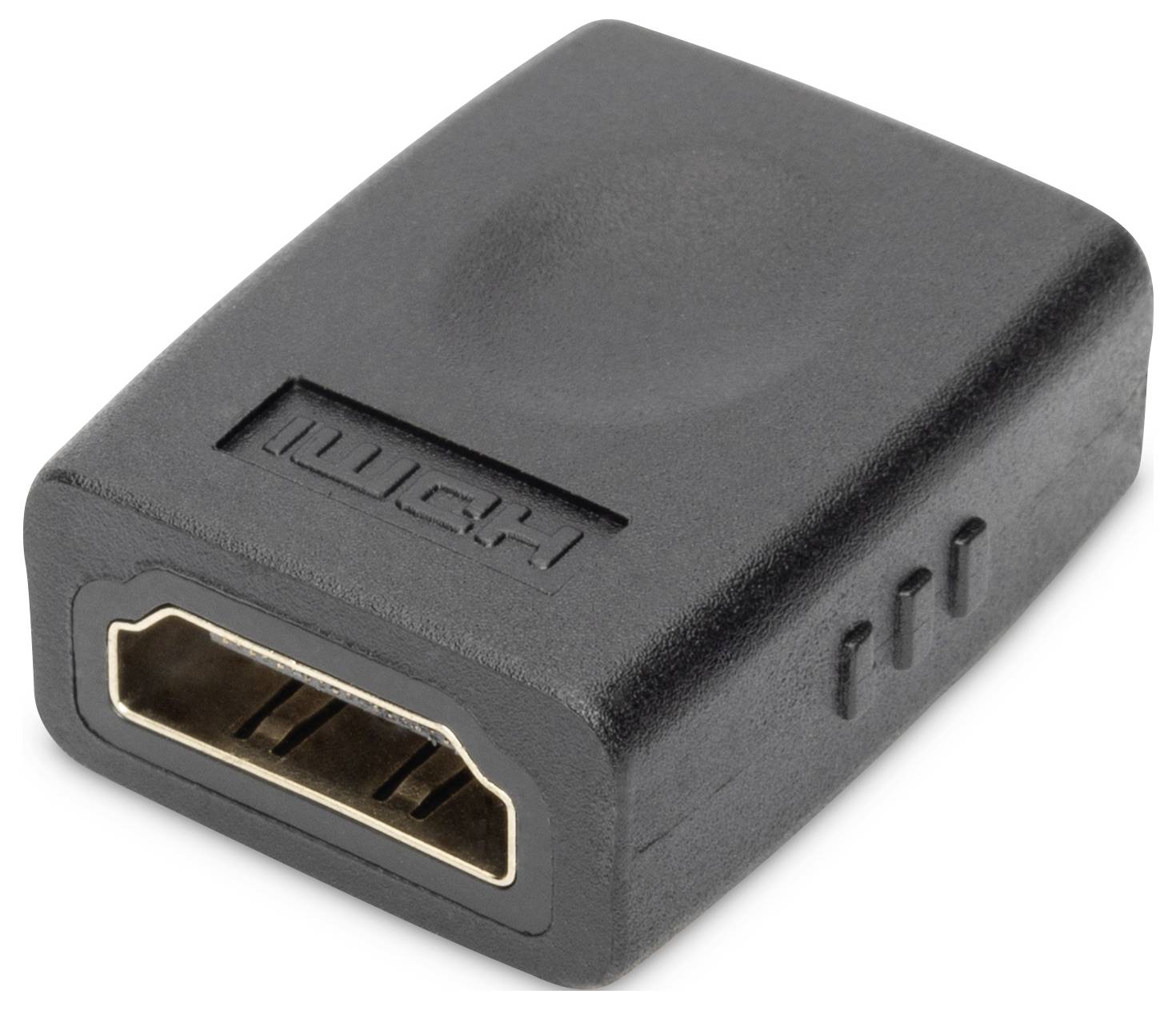 Schwarzer HDMI-Koppler mit HDMI-Buchse, geeignet zum Verbinden von zwei HDMI-Kabeln.