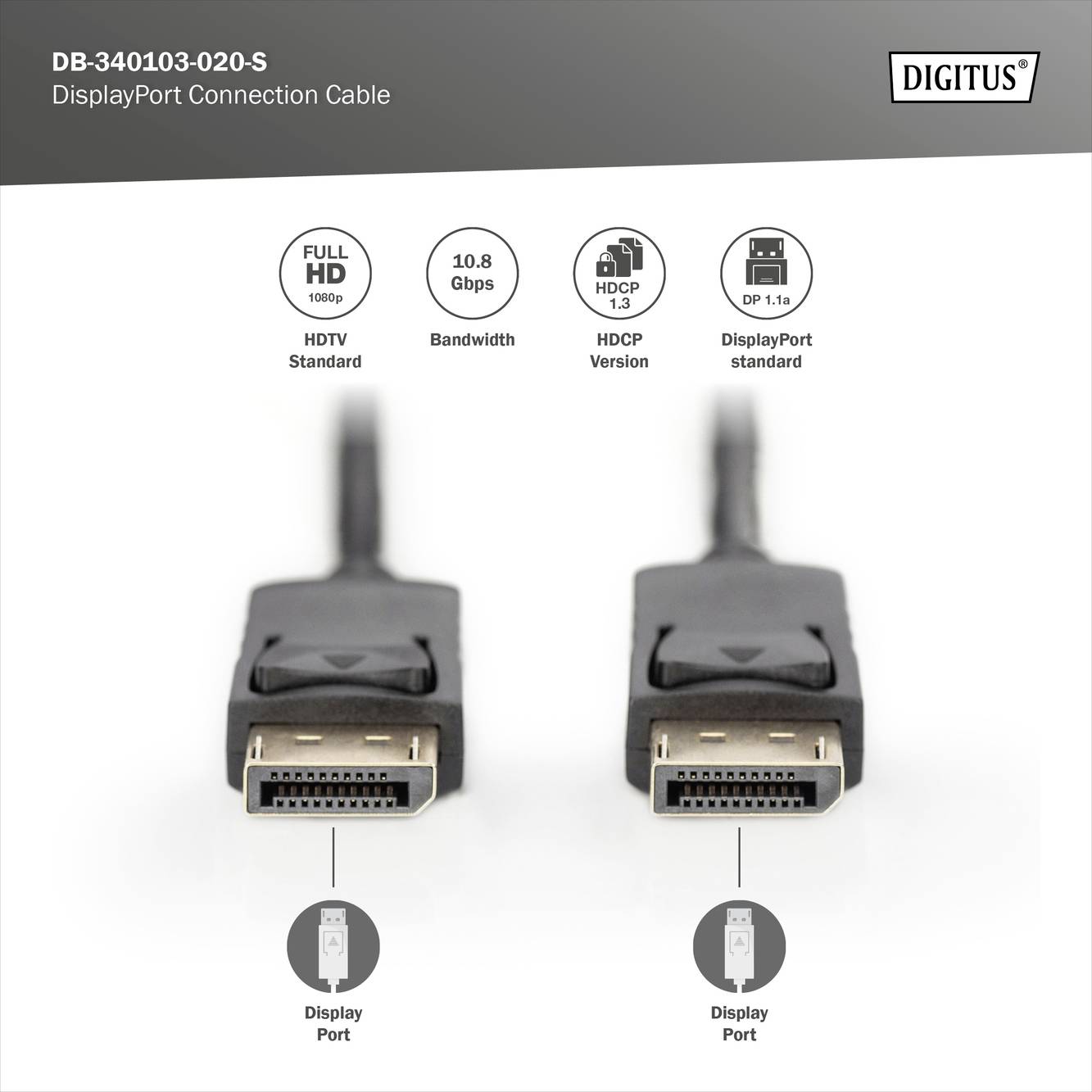 DisplayPort-Kabel der Marke DIGITUS, Modellnummer DB-340103-020-S, unterstützt Full HD, 10,8 Gbps Bandbreite, HDCP und DP 1.1a.