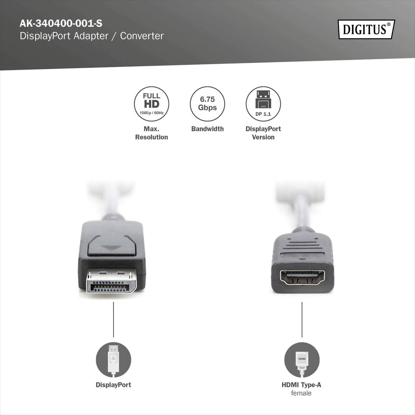 'DisplayPort auf HDMI Adapter', zeigt Stecker mit Bezeichnungen 'DisplayPort', 'HDMI Typ-A female', unterstützt 6,75 Gbps, Full HD.