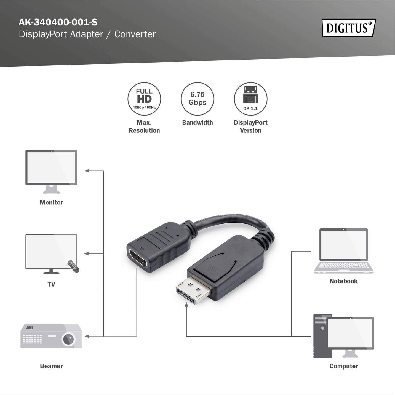 DisplayPort-Adapter/Converter zeigt Verbindungsmöglichkeiten: Monitor, Beamer, TV, Notebook, Computer. Unterstützt Full HD und DisplayPort 1.1.