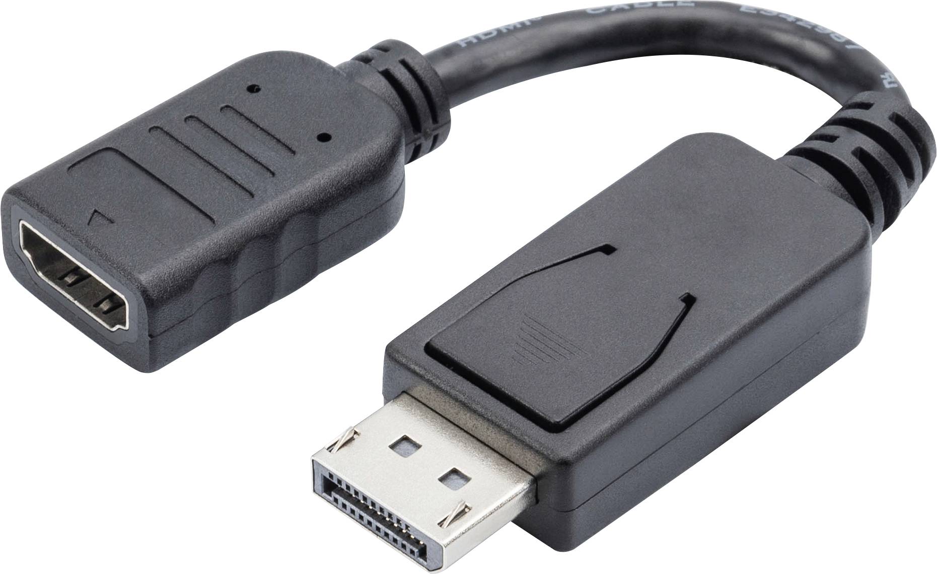 Ein schwarzer Adapter mit einem DisplayPort-Stecker auf der einen Seite und einer HDMI-Buchse auf der anderen Seite.