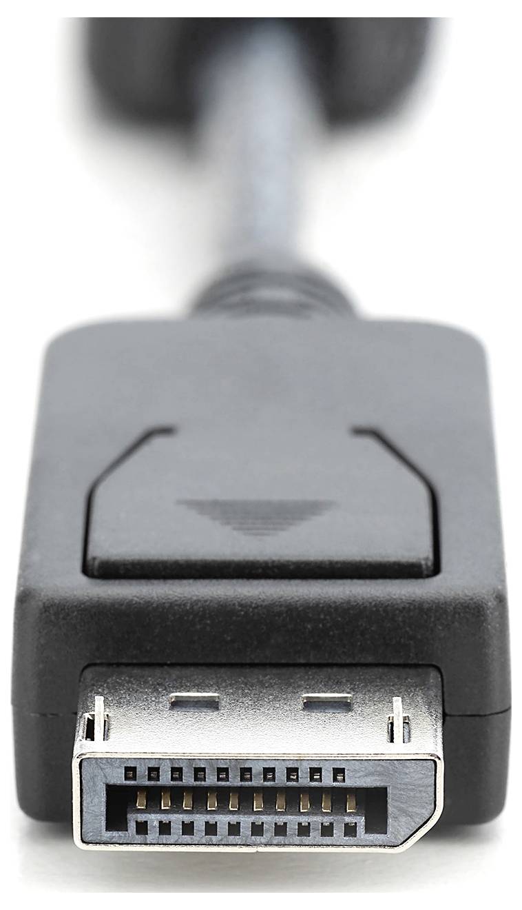 Ein schwarzes DisplayPort-Kabel, dessen Stecker im Vordergrund sichtbar ist. Es dient zur Übertragung von Audio- und Videosignalen.