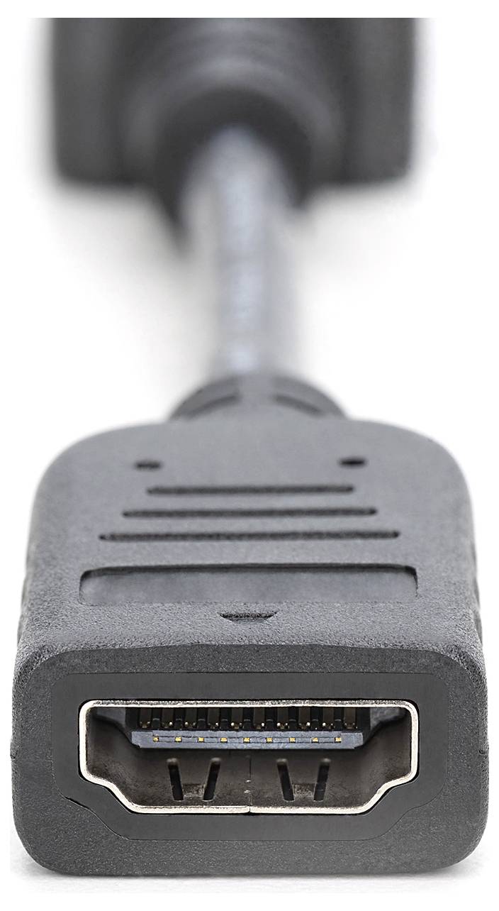 Ein schwarzes HDMI-Kabel mit einem rechteckigen Anschluss im Vordergrund zeigt die Pins im Inneren.