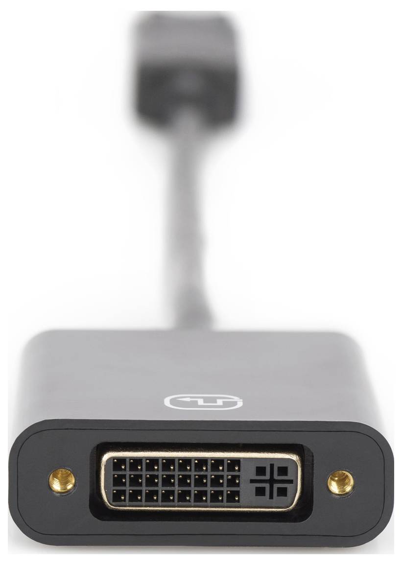 Ein schwarzer Adapter mit einem DVI-Anschluss vorne und einem kurzen Kabel hintendran. Der Adapter hat goldene Kontakte.