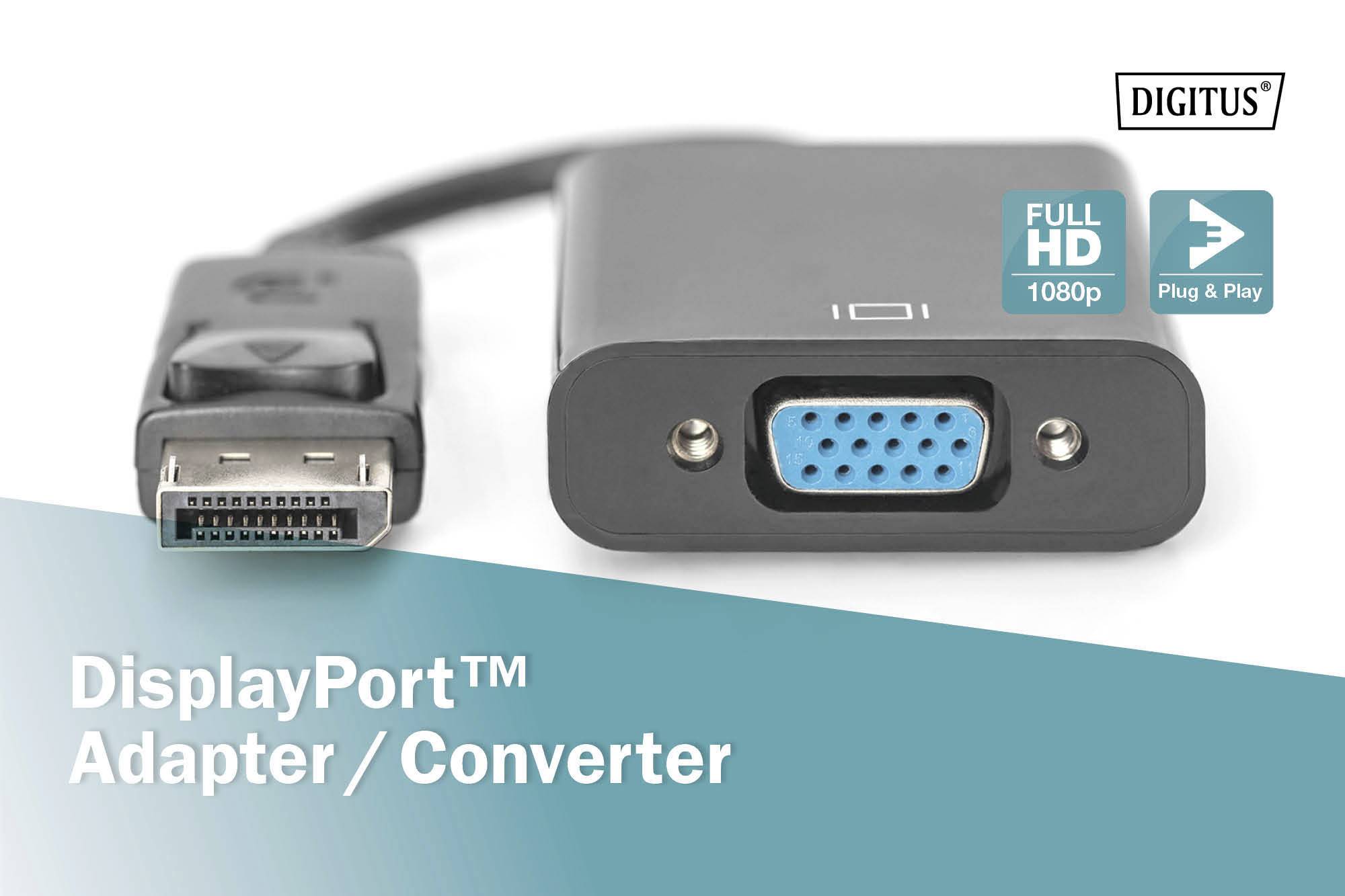 DisplayPort-zu-VGA-Adapter von Digitus, unterstützt Full HD 1080p, Plug & Play. Zeigt DisplayPort- und VGA-Anschlüsse.