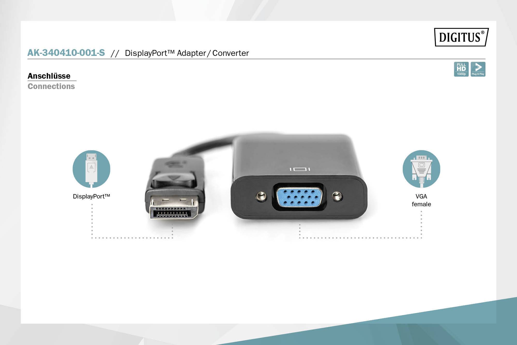 Digitus DisplayPort auf VGA Adapter, Anschlüsse: DisplayPort männlich zu VGA weiblich.