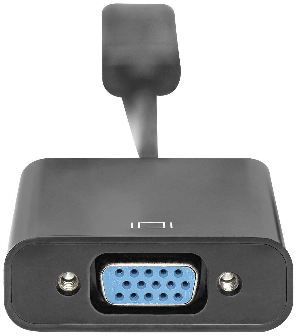 Ein schwarzer VGA-Adapter mit einem VGA-Anschluss und einem kurzen Kabel zum Anschließen an ein Gerät.