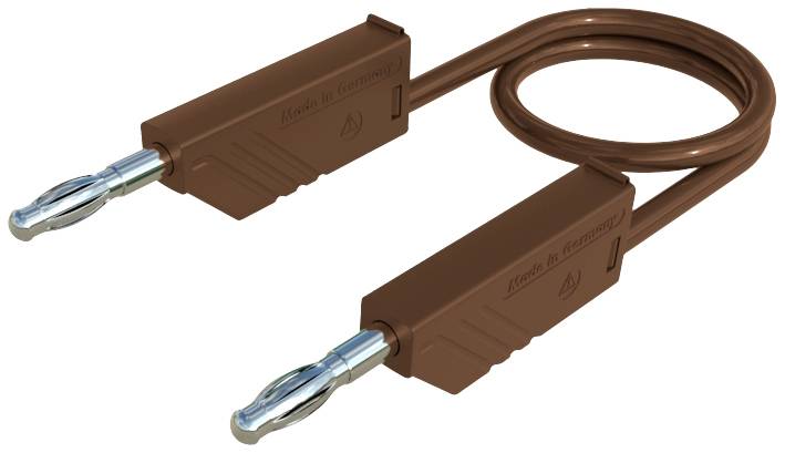 Braunes Kabel mit zwei Bananensteckern an den Enden, geeignet zum Verbinden von Audio- oder elektronischen Geräten.