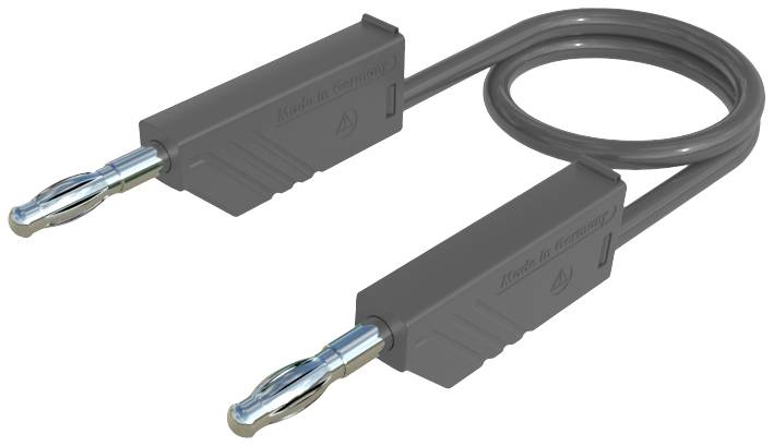 Graues Bananensteckerkabel mit zwei Steckern und einer Schlaufe, die für Lautsprecherverbindungen oder elektrische Tests verwendet wird.