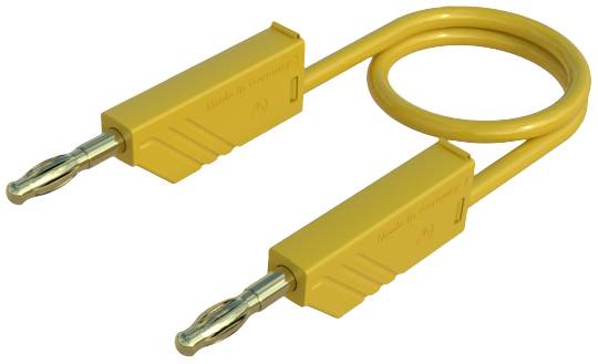 Gelbes Kabel mit zwei Steckern, einer gebogen, mit Aufschrift 'Made in Germany'.
