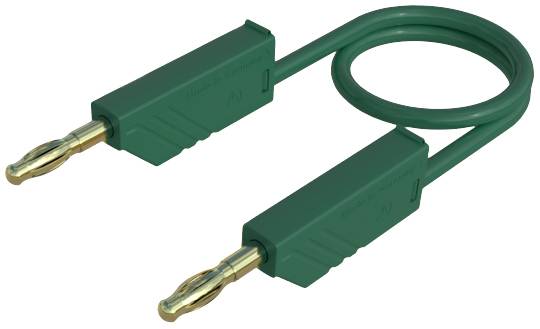 Grünes Kabel mit Bananensteckern an beiden Enden, gewellt geformt.
