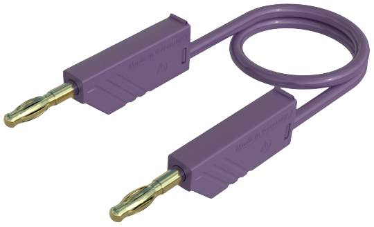 Ein violettes Kabel mit zwei identischen Steckerenden, die goldene Kontakte haben. Das Kabel ist in einer kreisförmigen Schleife gebogen.