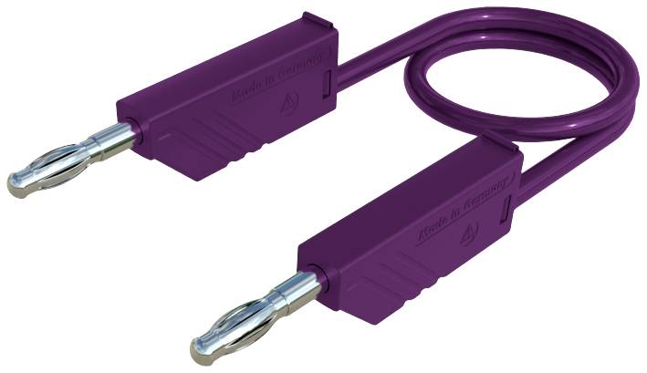 Ein violettes Lautsprecherkabel mit zwei Klemmen. Es ist aufgerollt und die Klemmen sind an beiden Enden befestigt.