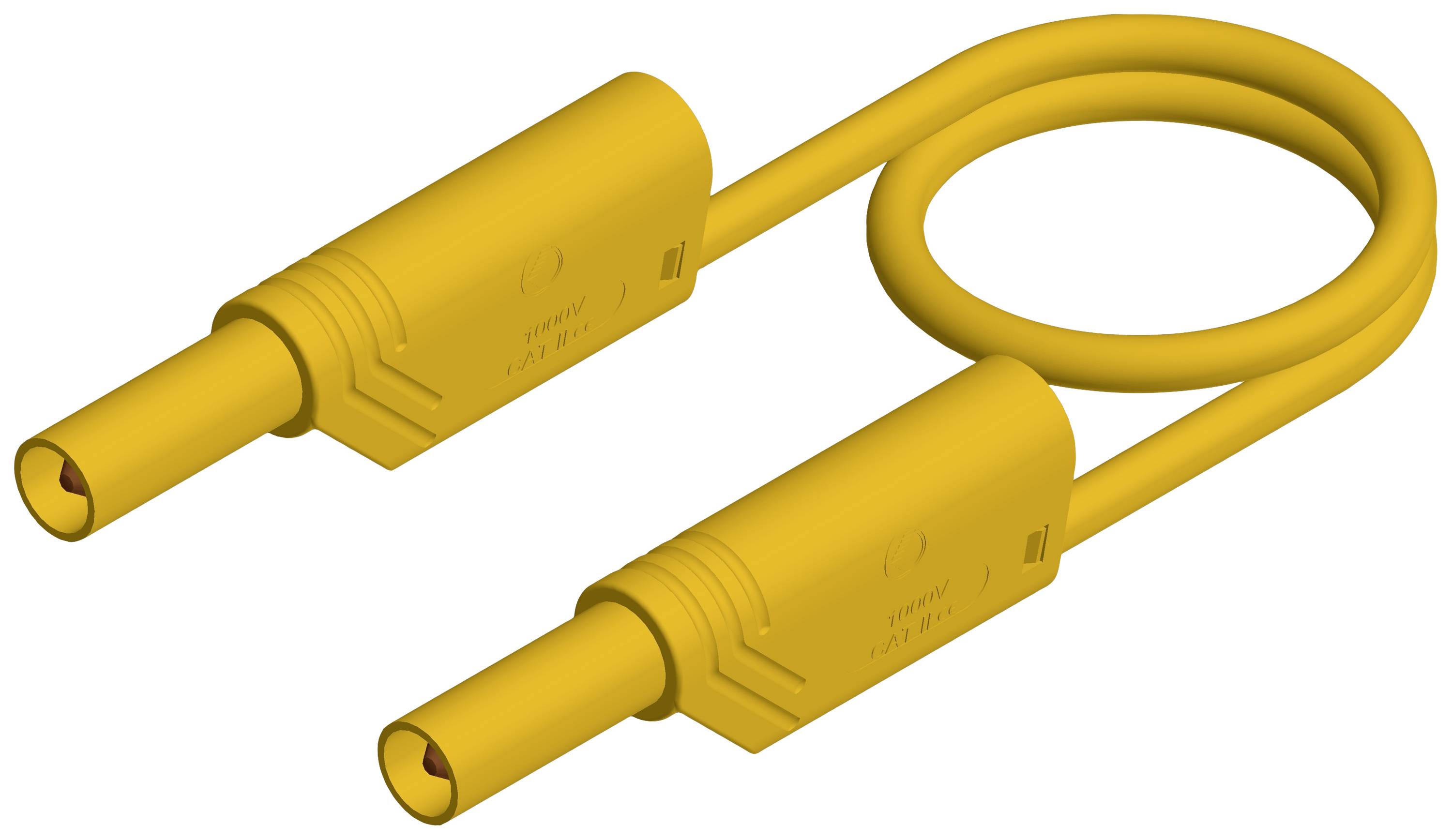 Gelbes Kabel mit zwei identischen Steckern an den Enden, in einer Schleife gelegt, verwendet für elektrische Verbindungen.