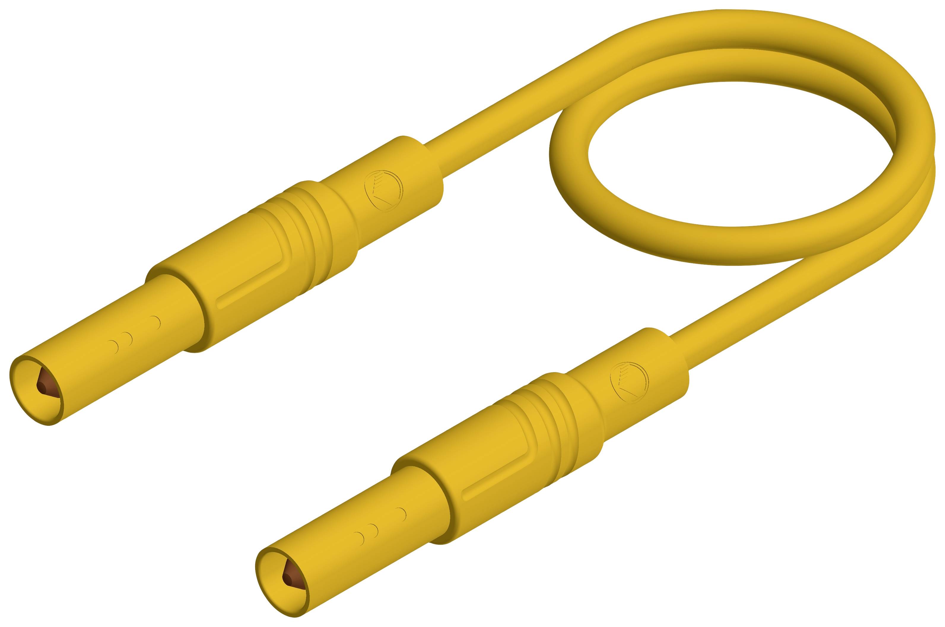 Gelbes Ladekabel mit zwei Steckverbindern, leicht gebogen, auf weißem Hintergrund.