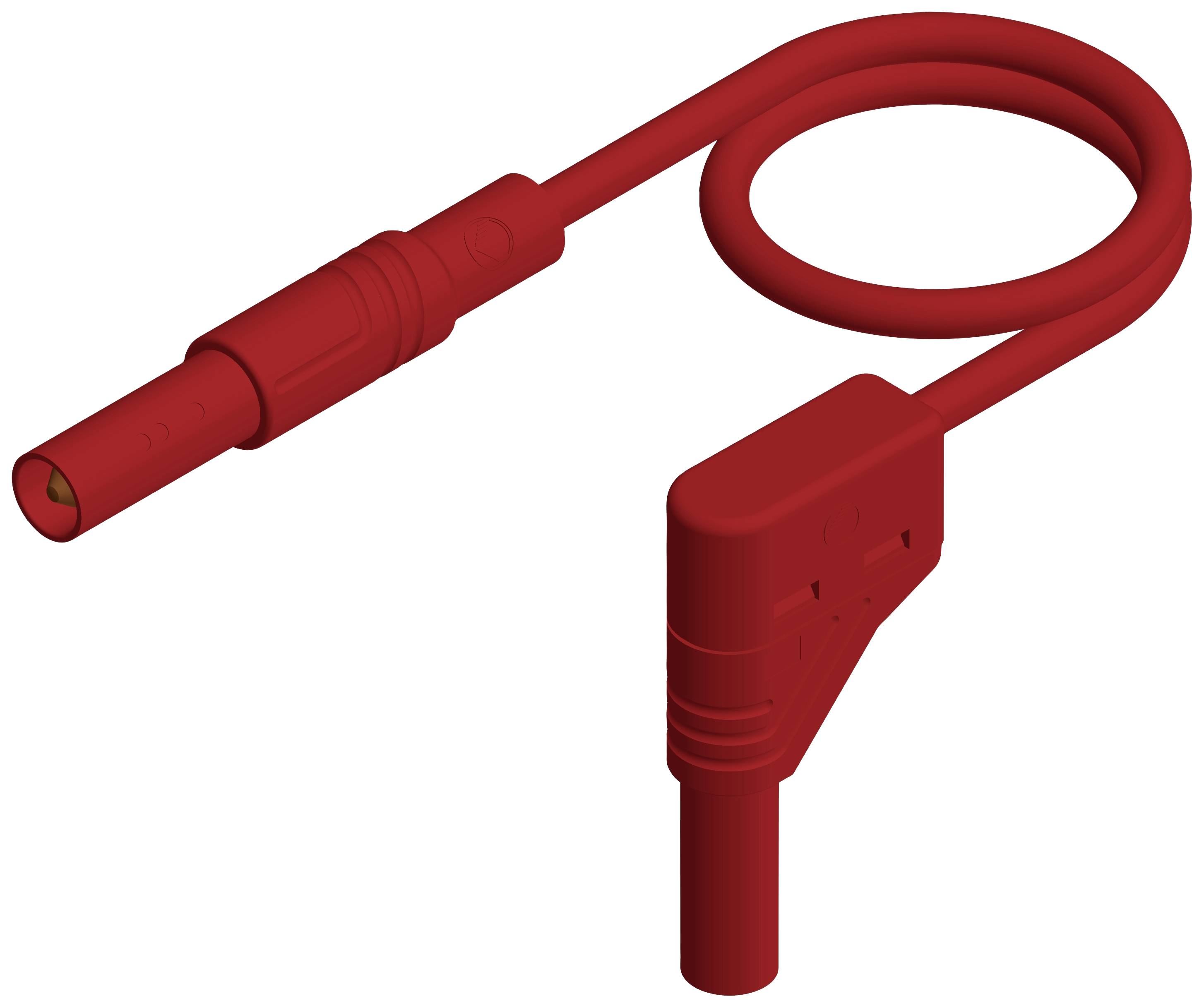 Rotes spiralförmiges Kabel, geeignet für Ladevorgänge oder elektrische Verbindungen, mit einem Stecker an jedem Ende.