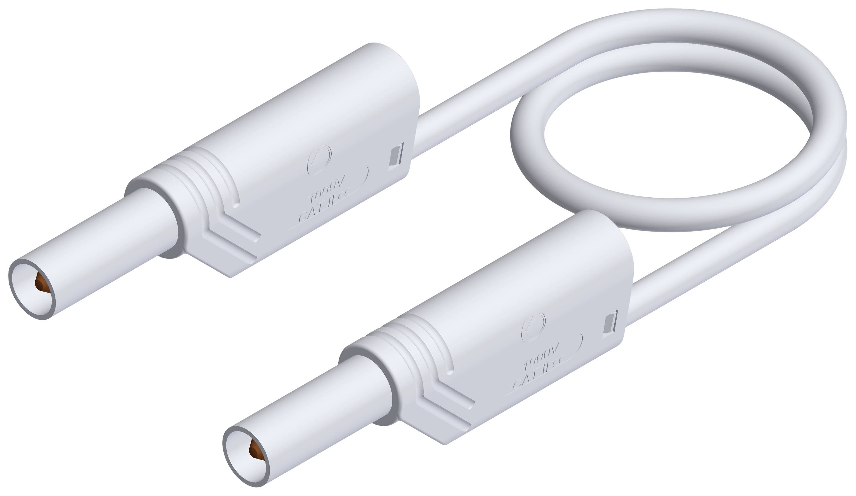 Ein weißes elektrisches Kabel mit zwei identischen runden Steckern an den Enden, die in einem Kreis gelegt sind.