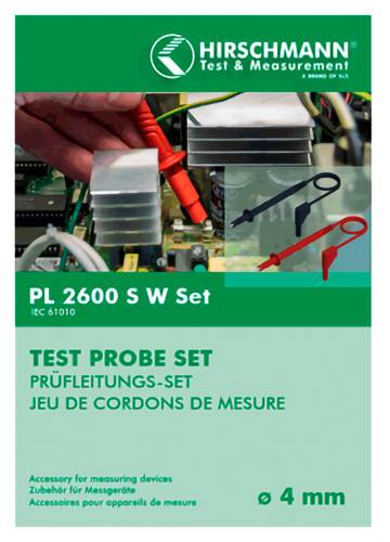 Hirschmann Test & Measurement Testspitzensatz-Verpackung mit roten und schwarzen Messspitzen, gekennzeichnet mit 
