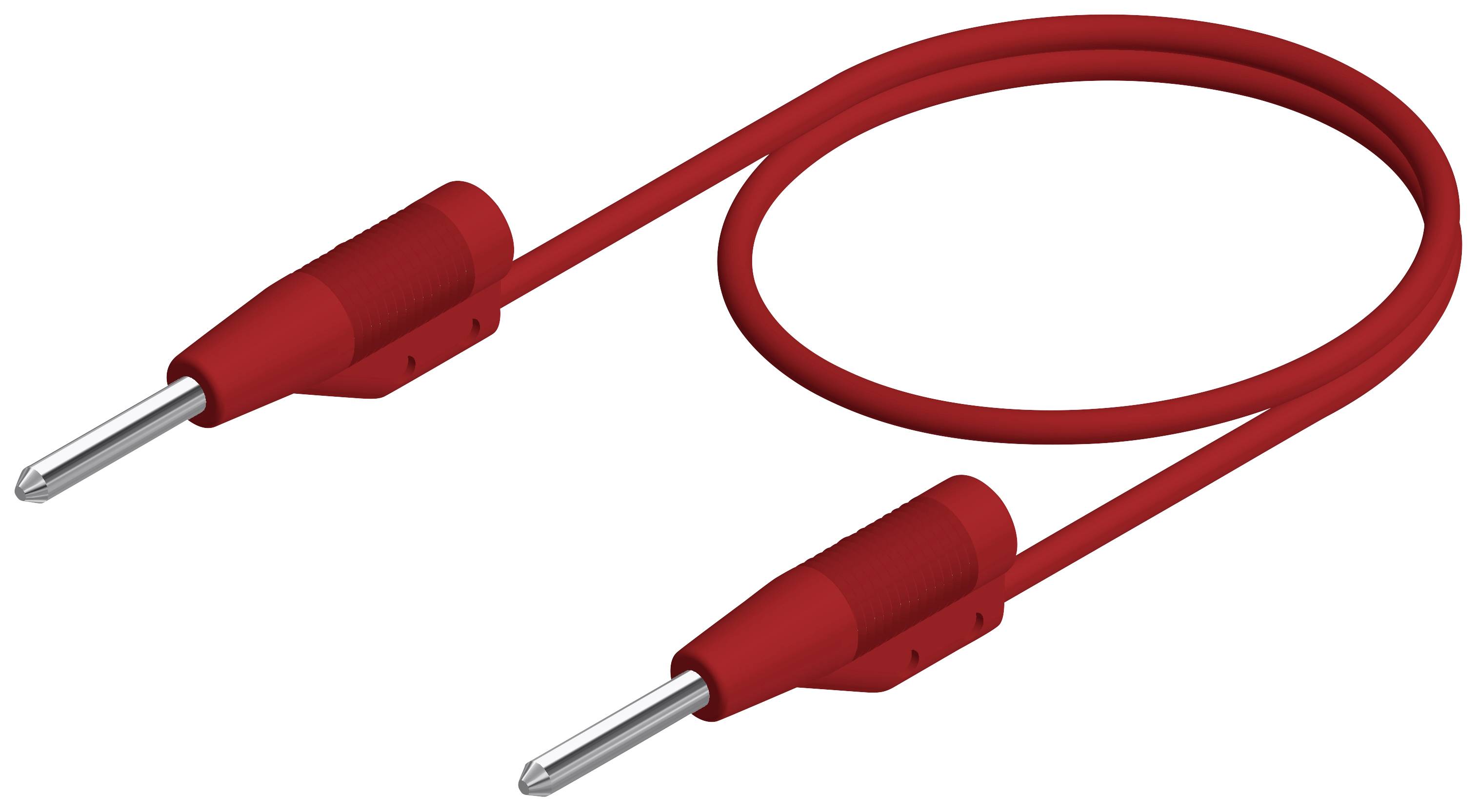 Ein rotes Kabel mit zwei Bananensteckern an jedem Ende, oft in elektronischen Anwendungen oder Messinstrumenten verwendet.