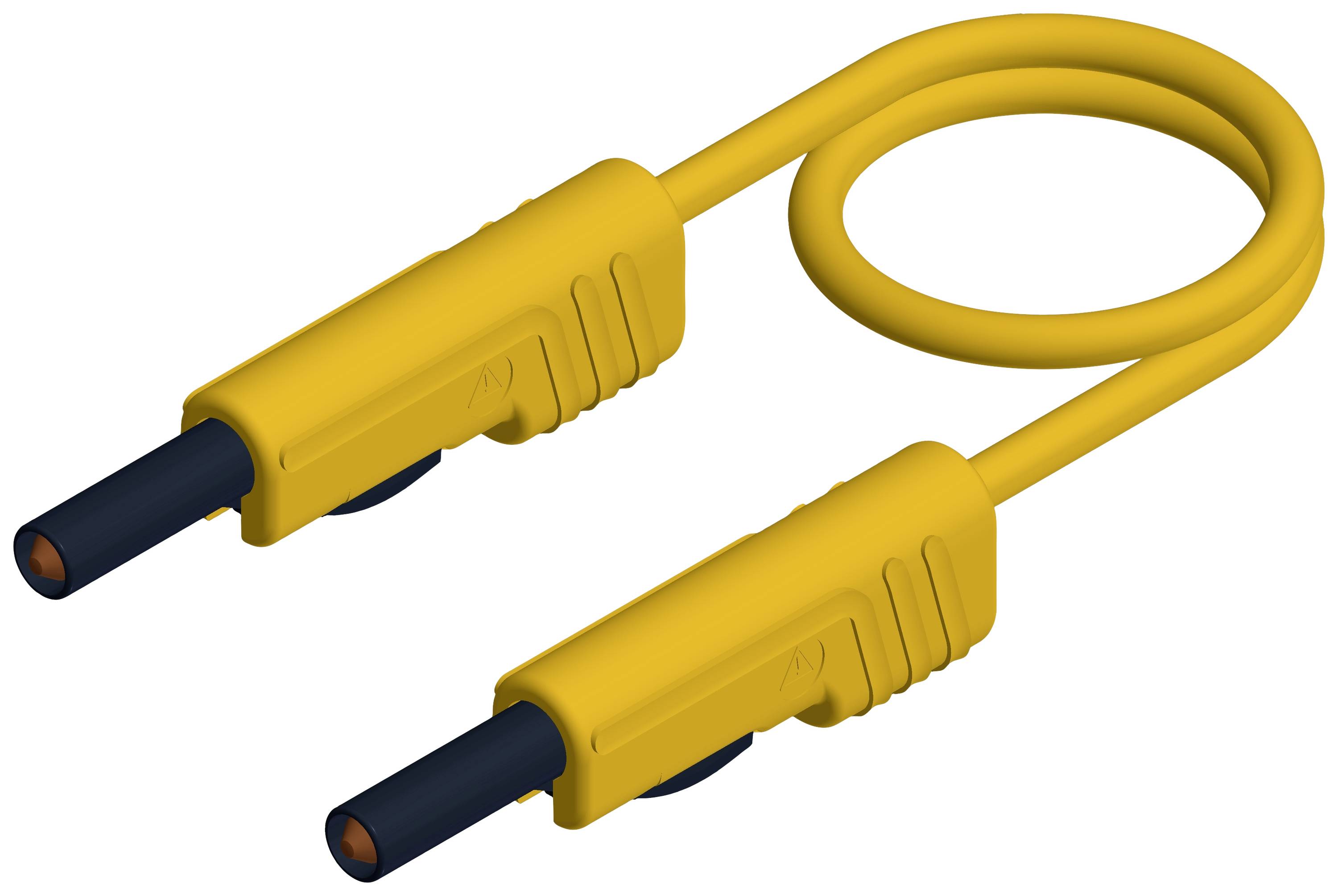 Zwei gelbe Messleitungen mit schwarzen Anschlüssen und abgerundetem Kabel, verwendet für elektrische Messungen und Tests.