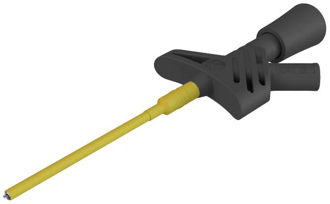 Ein gelbes, zylindrisches Werkzeug mit einem ergonomischen Griff und einer schlanken Spitze, wahrscheinlich ein spezielles Handwerkzeug.