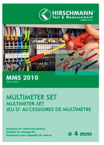 Produktabdeckung für Hirschmann Test & Measurement MMS 2010 Multimeter-Set mit Messleitungen und Sondenzubehör; Text enthält 'MULTIMETER SET' und 'ø 4 mm'.