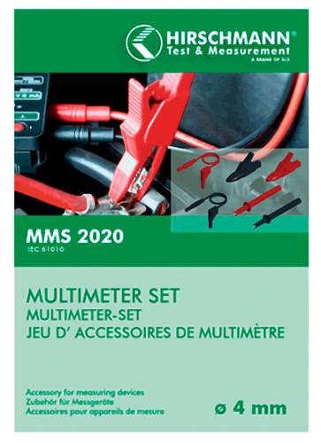 Umschlag des Hirschmann 'Test & Measurement' MMS 2020 Multimeter-Zubehärsatzes mit Messleitungen und Klemmen, mit 4-mm-Anschlussgröße.
