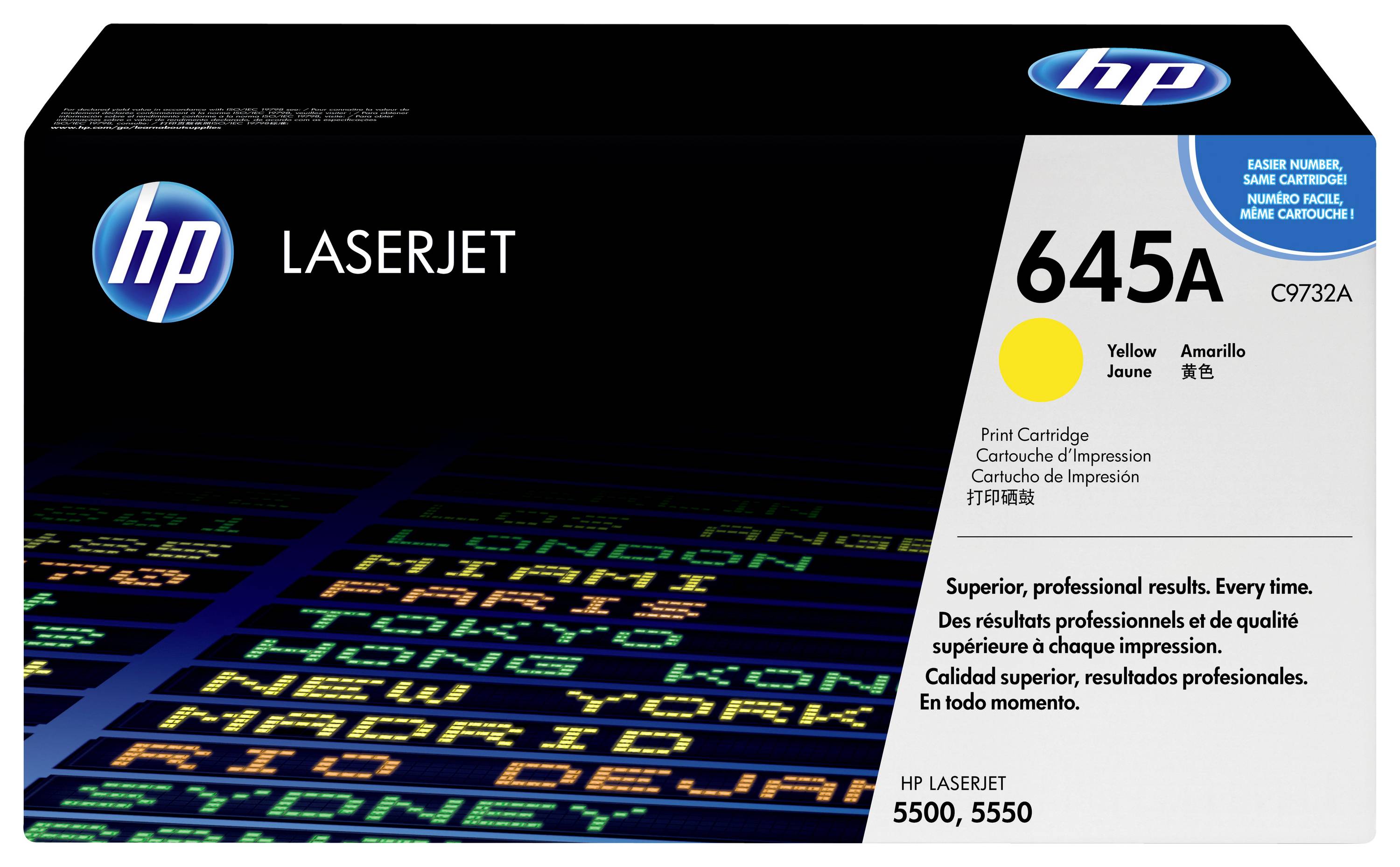 HP LaserJet 645A Gelber Tonerpatronenkarton, Modell C9732A, dargestellt mit HP-Branding und Kompatibilität für LaserJet 5550 und 5500 Drucker.