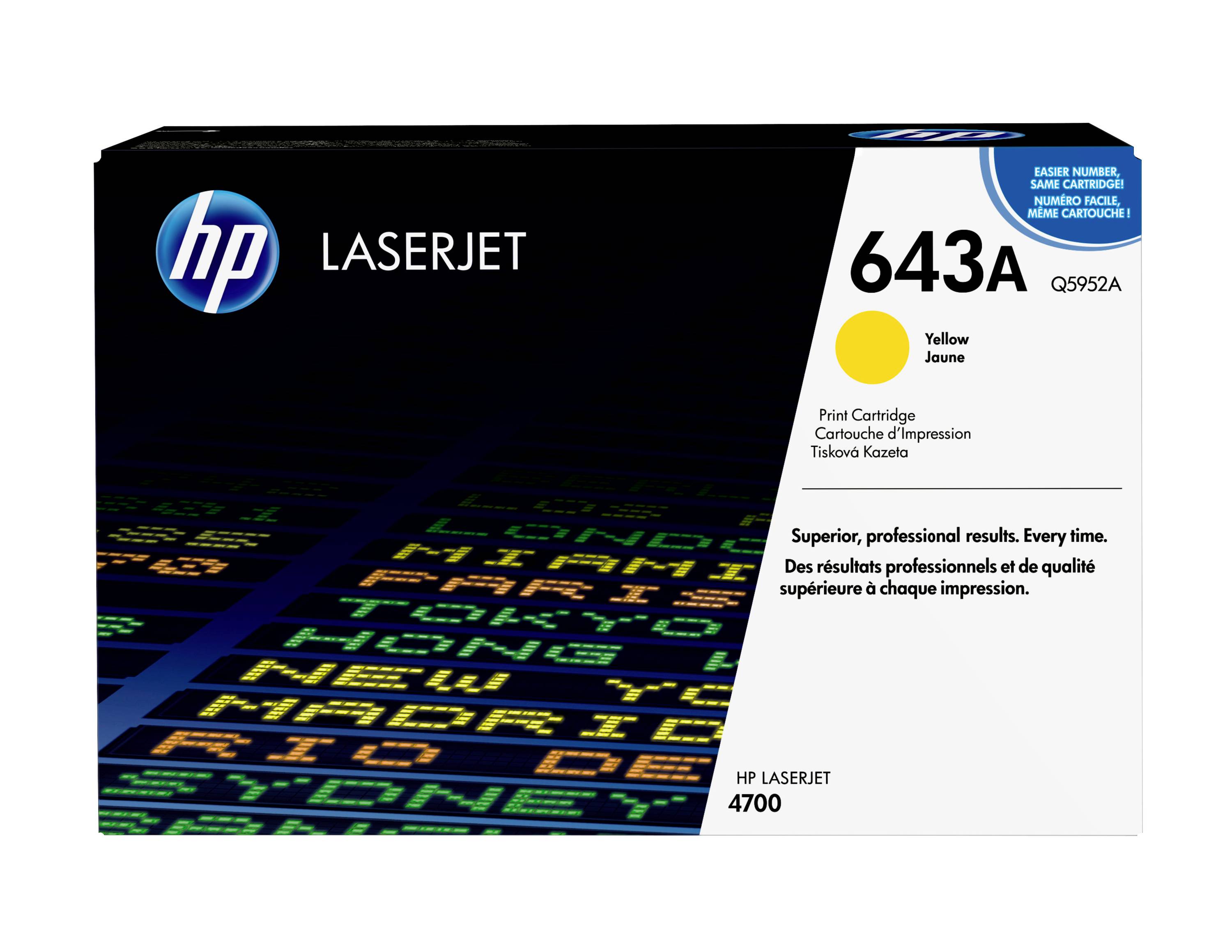 HP LaserJet 643A Gelb-Tonerpatrone Box für LaserJet 4700 Drucker mit HP-Logo und Produktnummer Q5952A.