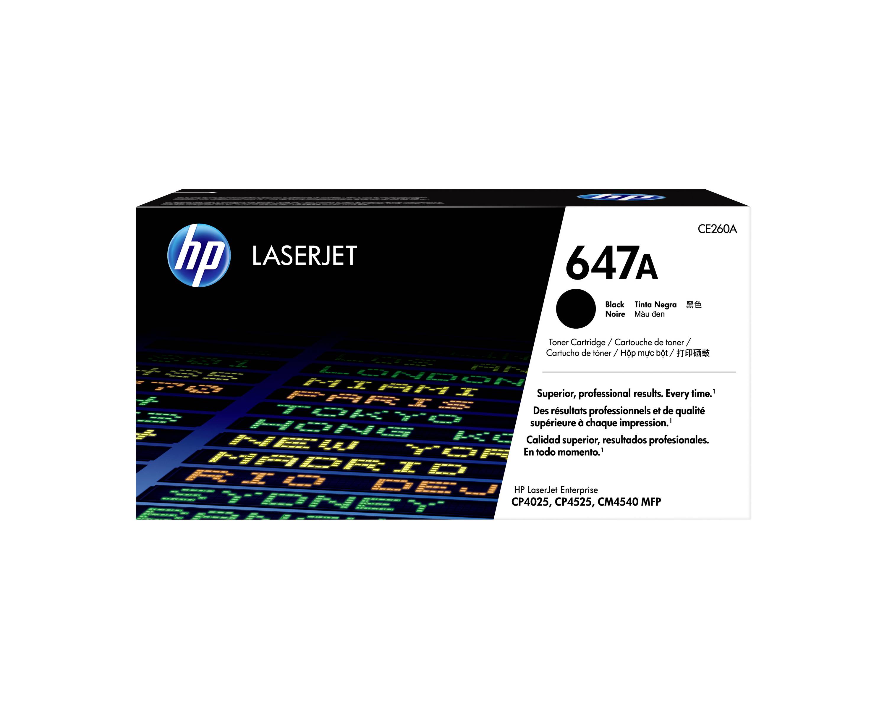 HP LaserJet 647A Schwarztonerpatrone, Verpackung mit der Bezeichnung CE260A für HP LaserJet Enterprise Drucker.