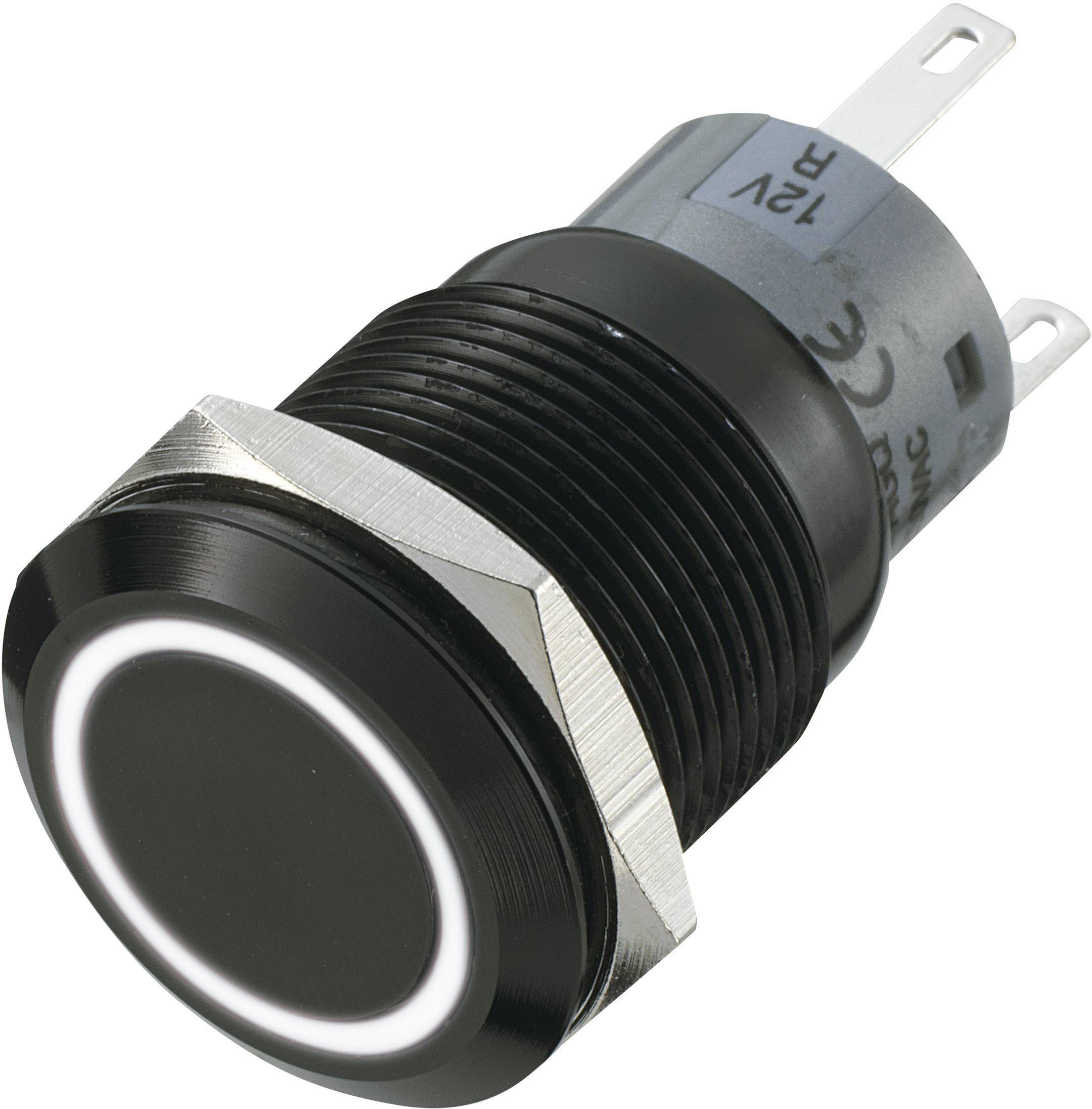 Schwarzer Druckknopf mit kreisförmiger LED-Beleuchtung und Metallschraubanschluss, geeignet für 12 V Anwendungen.