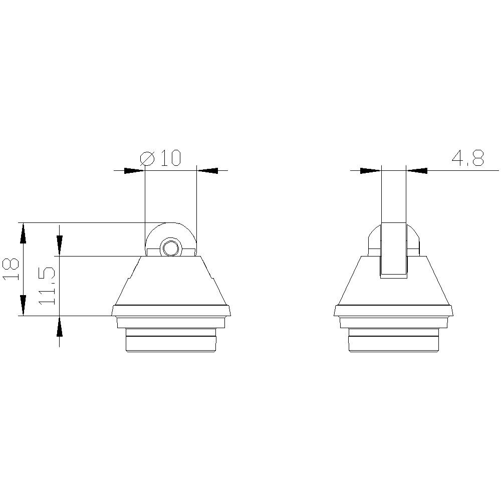 Technische Zeichnung eines Bauteils mit Maßen: 18 mm Höhe, 11,5 mm Breite, 10 mm Lochdurchmesser, 4,8 mm Breite des oberen Teils.