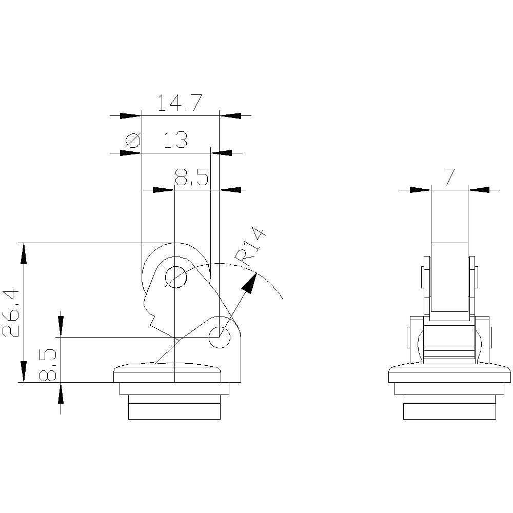 Technische Zeichnung eines Gelenks mit Maßen, einschließlich Durchmesser und Winkel. Die Hauptmaße sind 14,7 und 8,5 Millimeter.