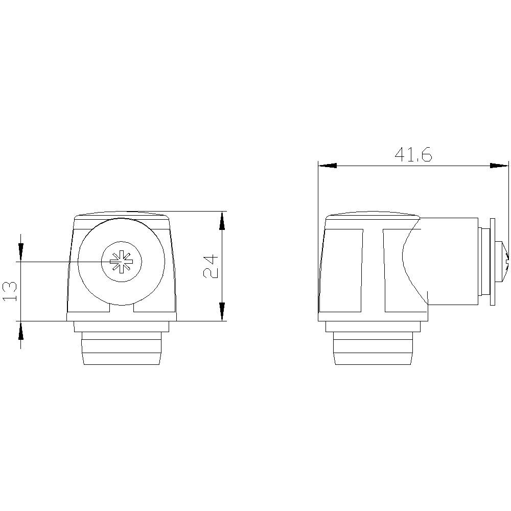 Technische Zeichnung einer kegelförmigen Düse mit Maßen: 13 mm Höhe, 24 mm Breite, 41,6 mm Länge. Seiten- und Vorderansicht.
