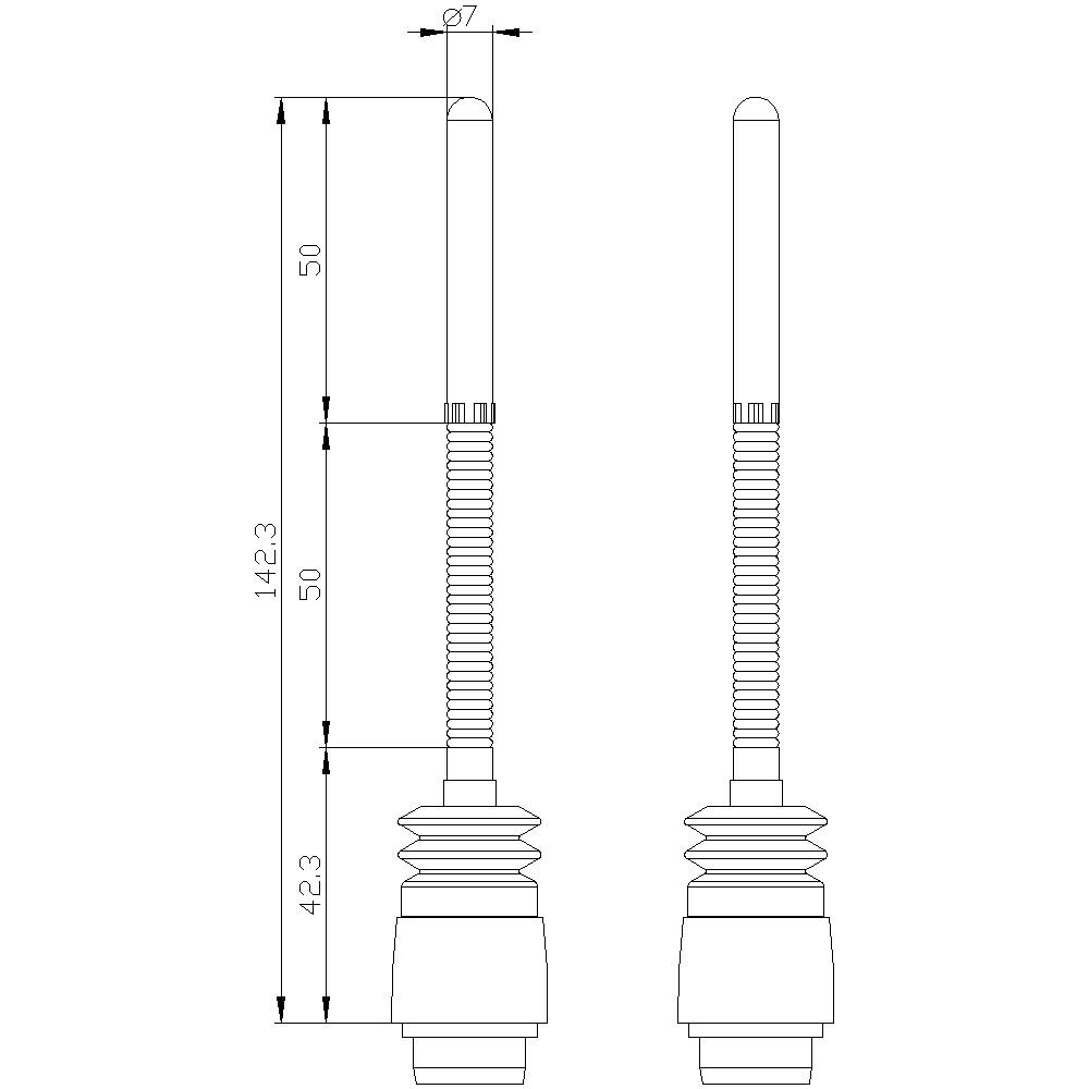 Technische Zeichnung von zwei identischen, zylindrischen Bauteilen mit Maßangaben: Höhe 142,3 mm, Durchmesser 7 mm, verschiedene Teilmaße.