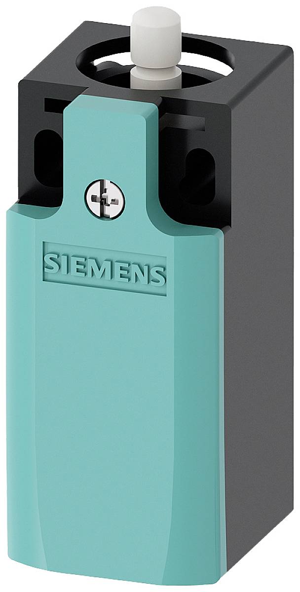 Ein türkisfarbener Siemens-Bauteil mit rechteckiger Form und einem zentralen grauen Zylinder oben; technische Komponente.