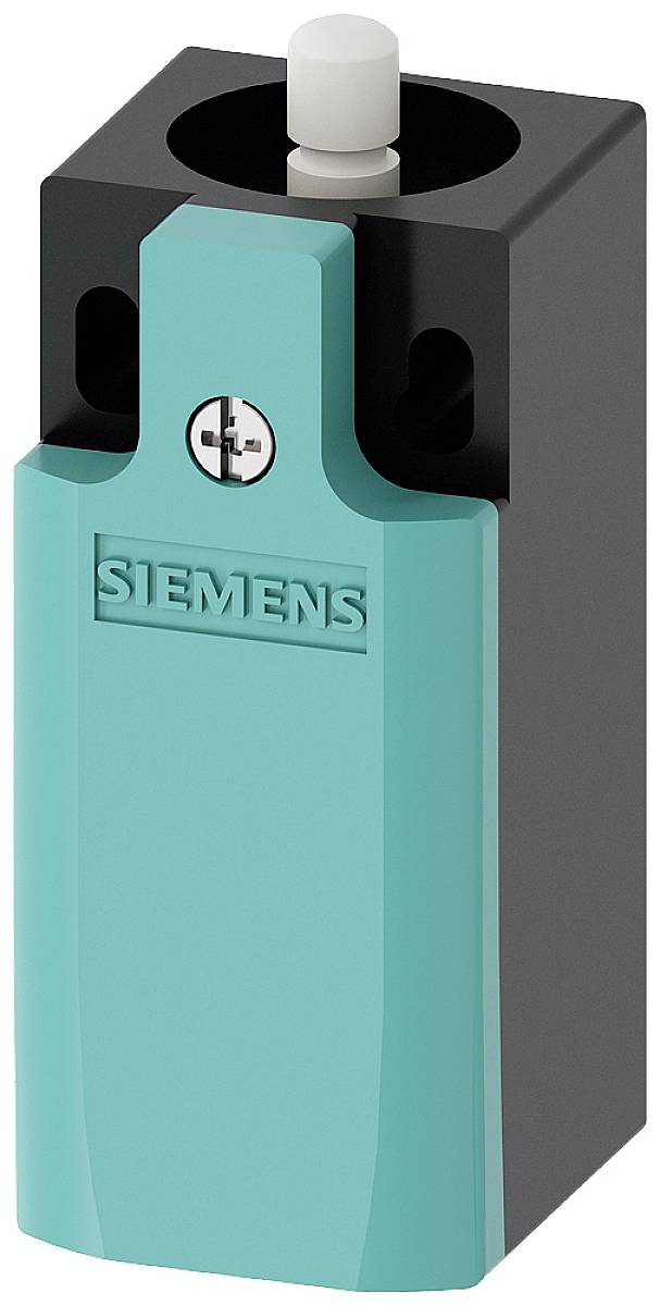Schwarzes und türkises Siemens-Schaltgerät mit zylindrischem Knopf oben, kompakt und rechteckig designt.