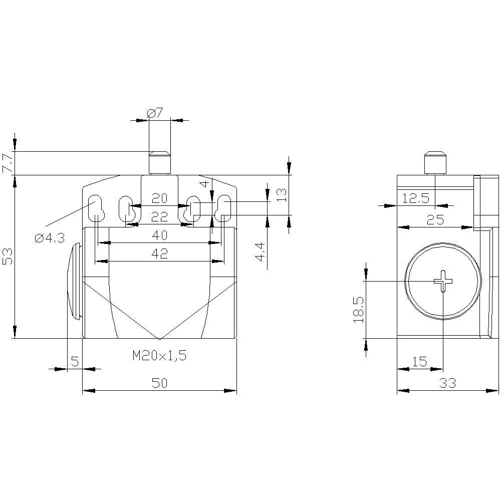 Technische Zeichnung eines mechanischen Teils mit Maßen: Hauptteil hat Breite 50 mm, Höhe 53 mm. Schraube M20x1,5. Seitenansicht zeigt Tiefe von 33 mm.