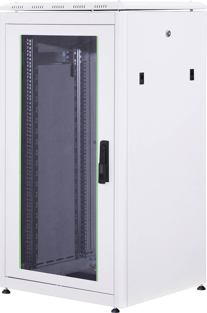 Ein weißer Server-Rack-Schrank mit Glastür und schwarzem Griff, geeignet zur Aufbewahrung von IT-Equipment in Rechenzentren.