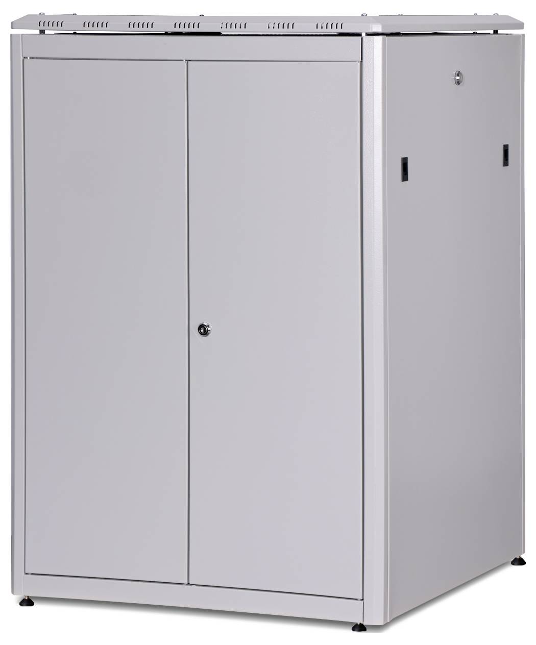 Ein großer, grauer Metallschrank mit zwei Türen und einem Schloss in der Mitte, geeignet zur sicheren Aufbewahrung von Geräten oder Dokumenten.